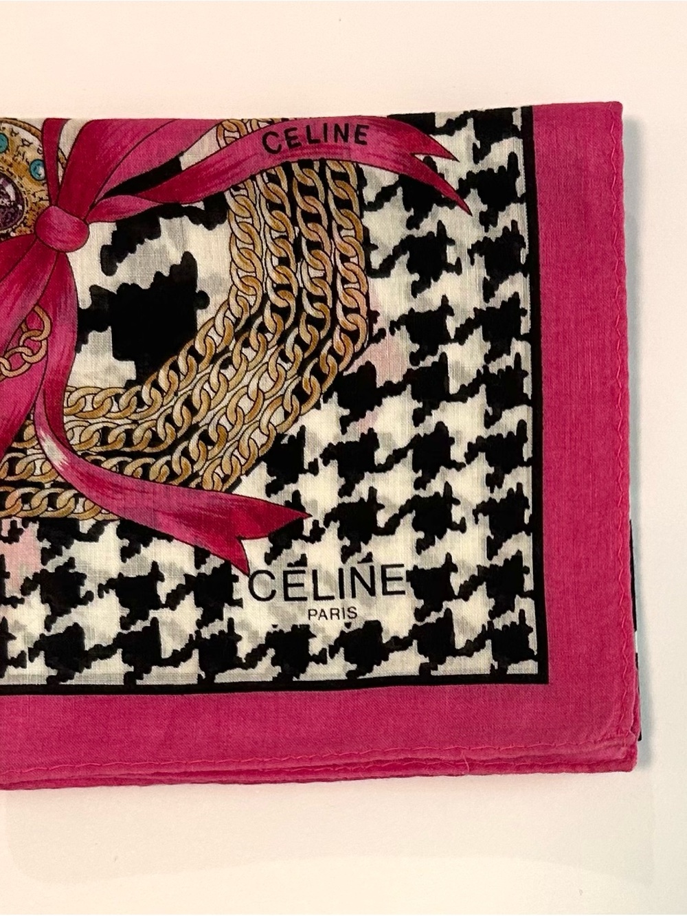 WOMEN HANDKERCHIEF CELINE Houndstooth Black Pink Bow COTTON POCKET SQUARE 18” - Picture 2 of 6